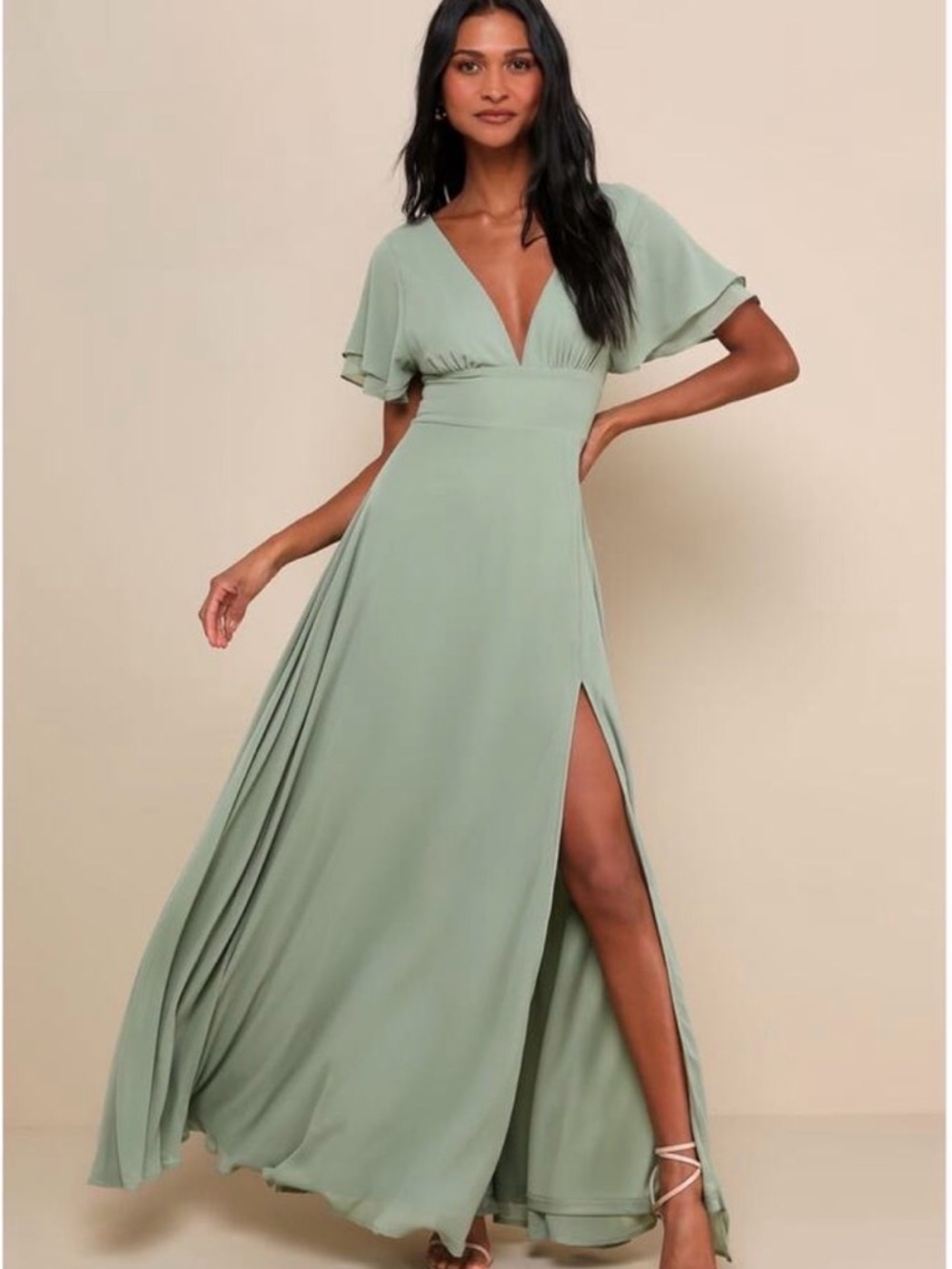 Lulus Sage Brush Flutter Sleeve
Maxi Dress NEW